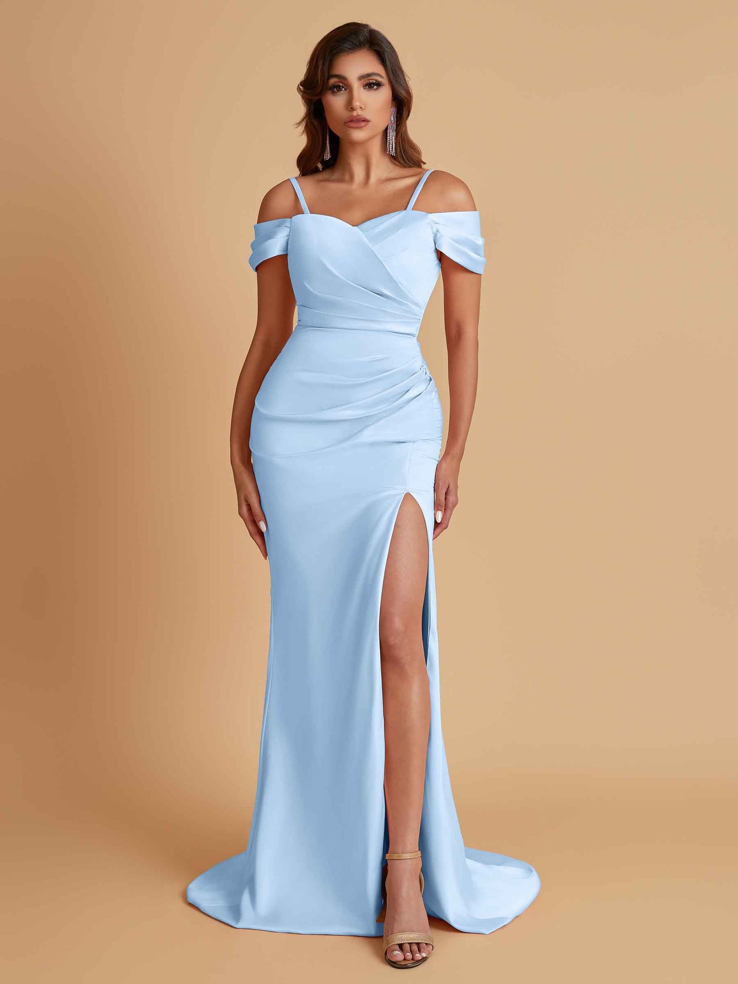 Sexy Soft Satin Mermaid Cold Shoulder Side Slit Floor-Length Bridesmaid Dresses Online