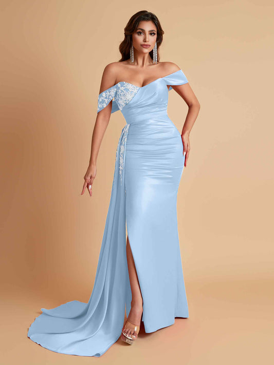 Elegant Soft Satin Mermaid Off Shoulder Floor-Length Mermaid Bridesmaid Dresses