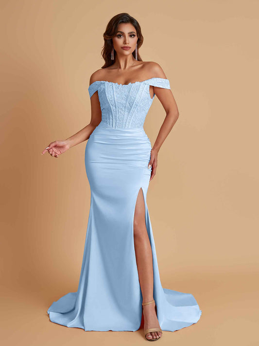 Elegant Soft Satin Mermaid Off Shoulder Side Slit Floor-Length Mermaid Bridesmaid Dresses