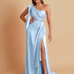 Sexy Soft Satin Mermaid One Shoulder Asymmetrical Side Slit Floor-Length Bridesmaid Dresses