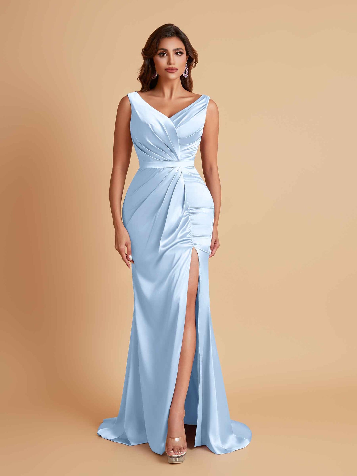Elegant V Neck Soft Satin Side Slit Floor-Length Mermaid Bridesmaid Dresses