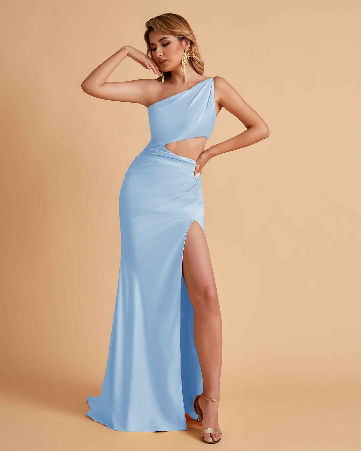 Sexy One-Shoulder Waist Cutout With High Split Floor-Length Bridesmaid Dresses