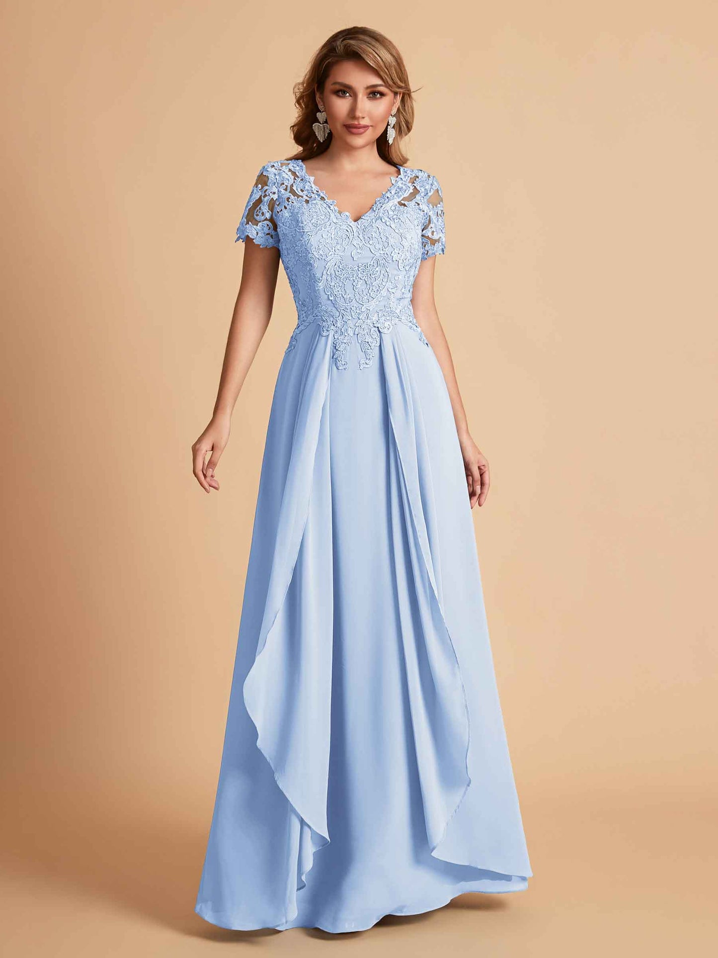 Elegant A-Line Chiffon Short Sleeves V-neck Mother of the Brides Dresses Lace Top MOB Dresses