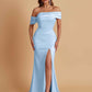 Elegant Soft Satin Mermaid Off Shoulder Asymmetrical Side Slit Floor-Length Bridesmaid Dresses