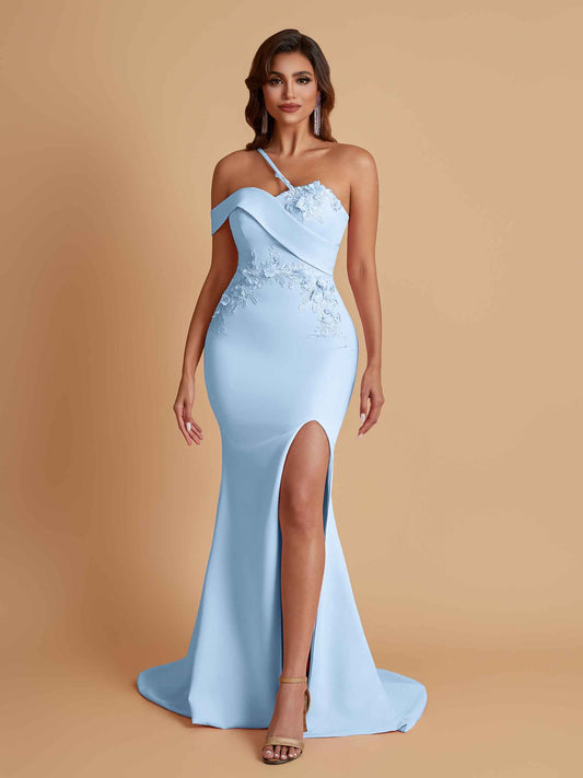 Sexy Soft Satin Mermaid One Shoulder Asymmetrical Side Slit Floor-Length Bridesmaid Dresses