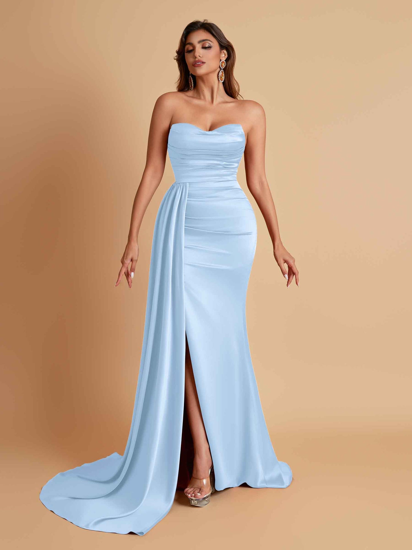 Elegant Soft Satin Sweetheart Strapless Side-Slit Mermaid Bridesmaid Dresses