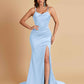 Sexy Spaghetti Straps V Neck Soft Satin Side Slit Floor-Length Mermaid Bridesmaid Dresses