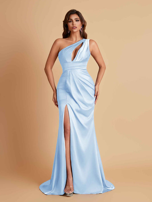 Sexy One Shoulder Soft Satin Side Slit Floor-Length Mermaid Bridesmaid Dresses
