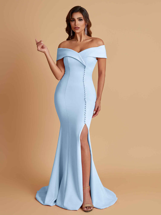 Elegant Soft Satin Mermaid Off Shoulder Side Slit Floor-Length Bridesmaid Dresses