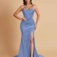 Sexy Spaghetti Straps V Neck Soft Satin Side Slit Floor-Length Mermaid Bridesmaid Dresses