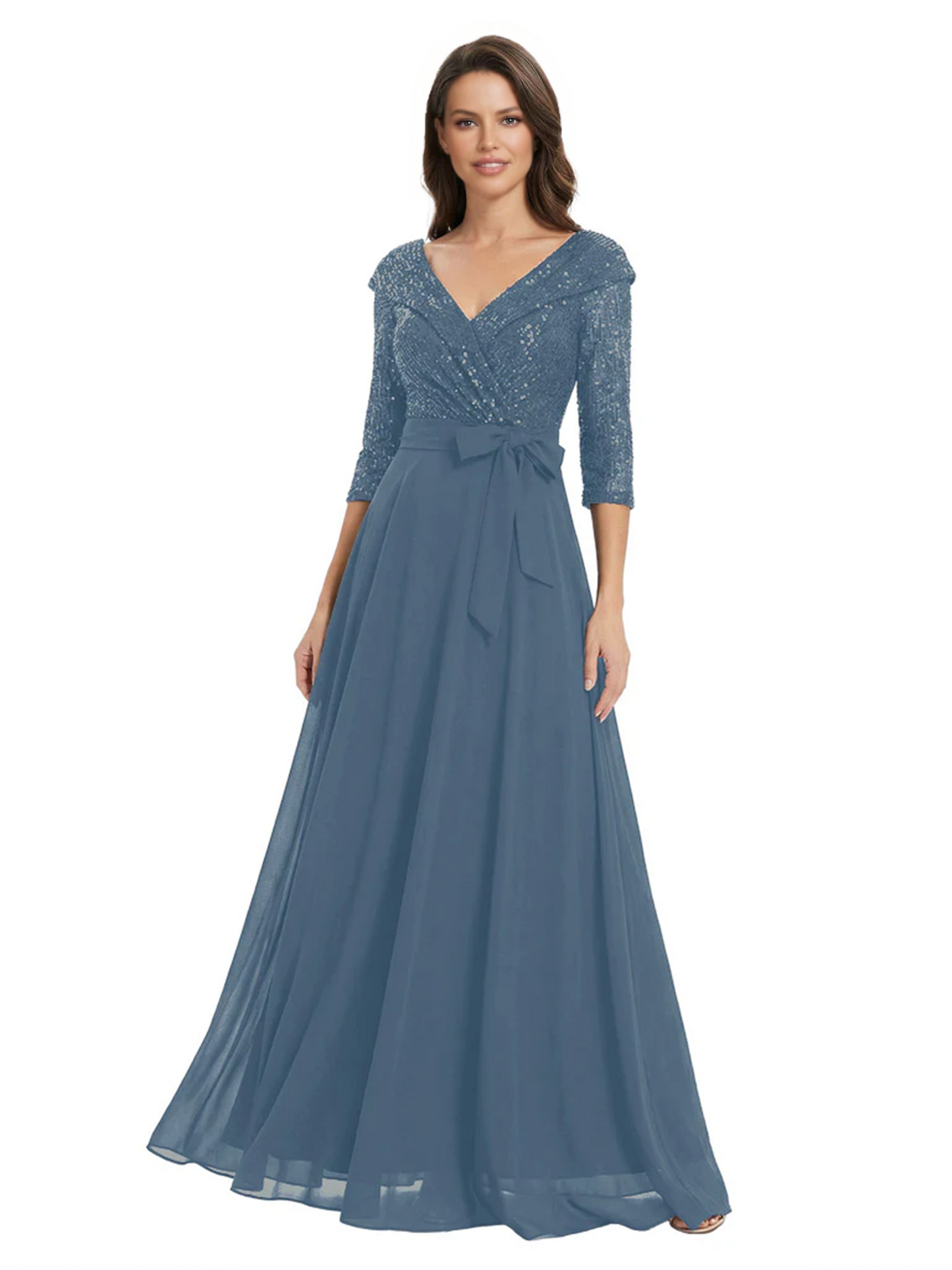 Chiffon Mother of the Bride Dress with Sequin V-Neck and Elegant Bow Sash