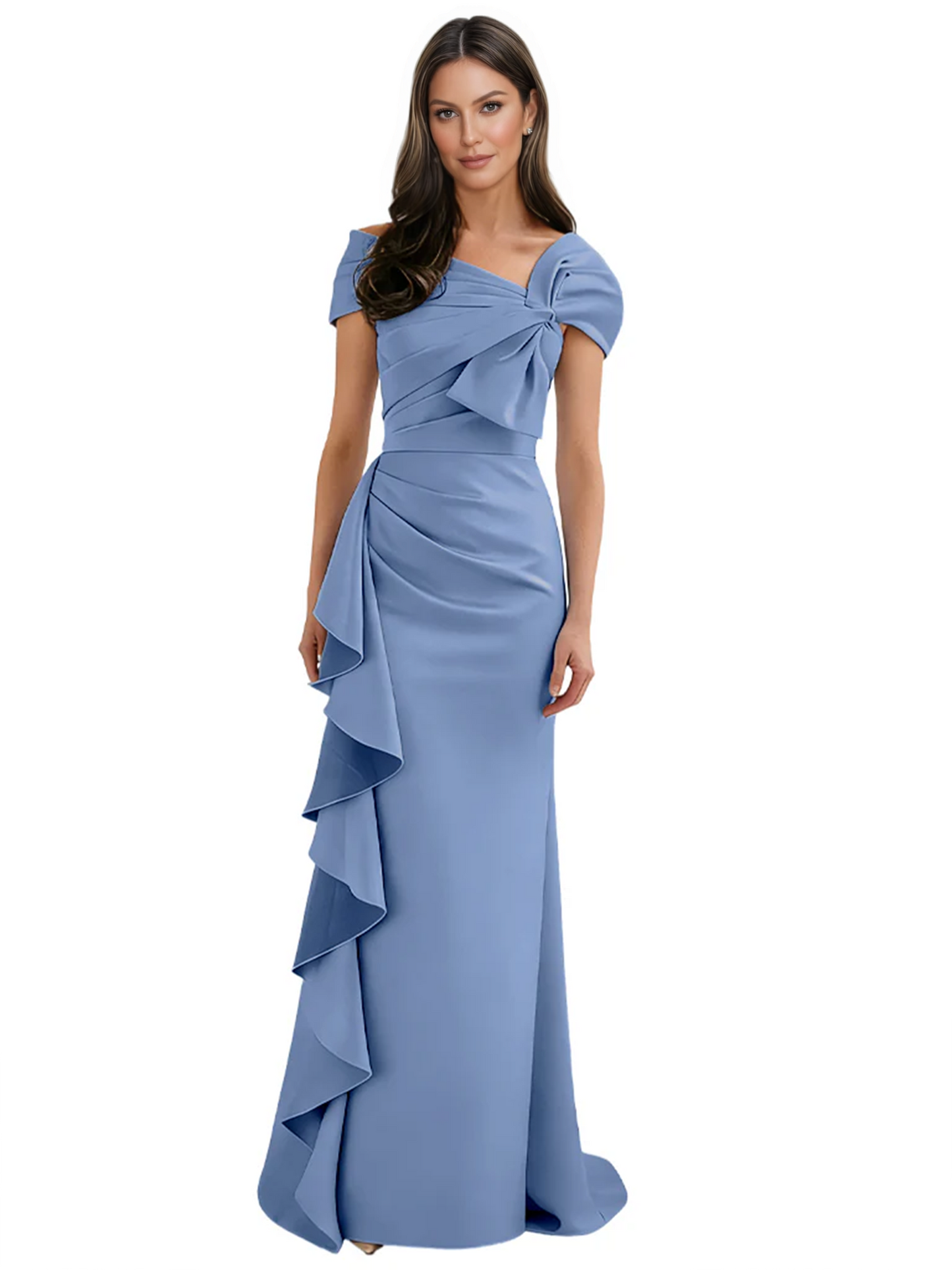 Elegant Mother of Bride Dress Formal Gowns Mermaid Ruffle Floor Length Asymmetric Neckline