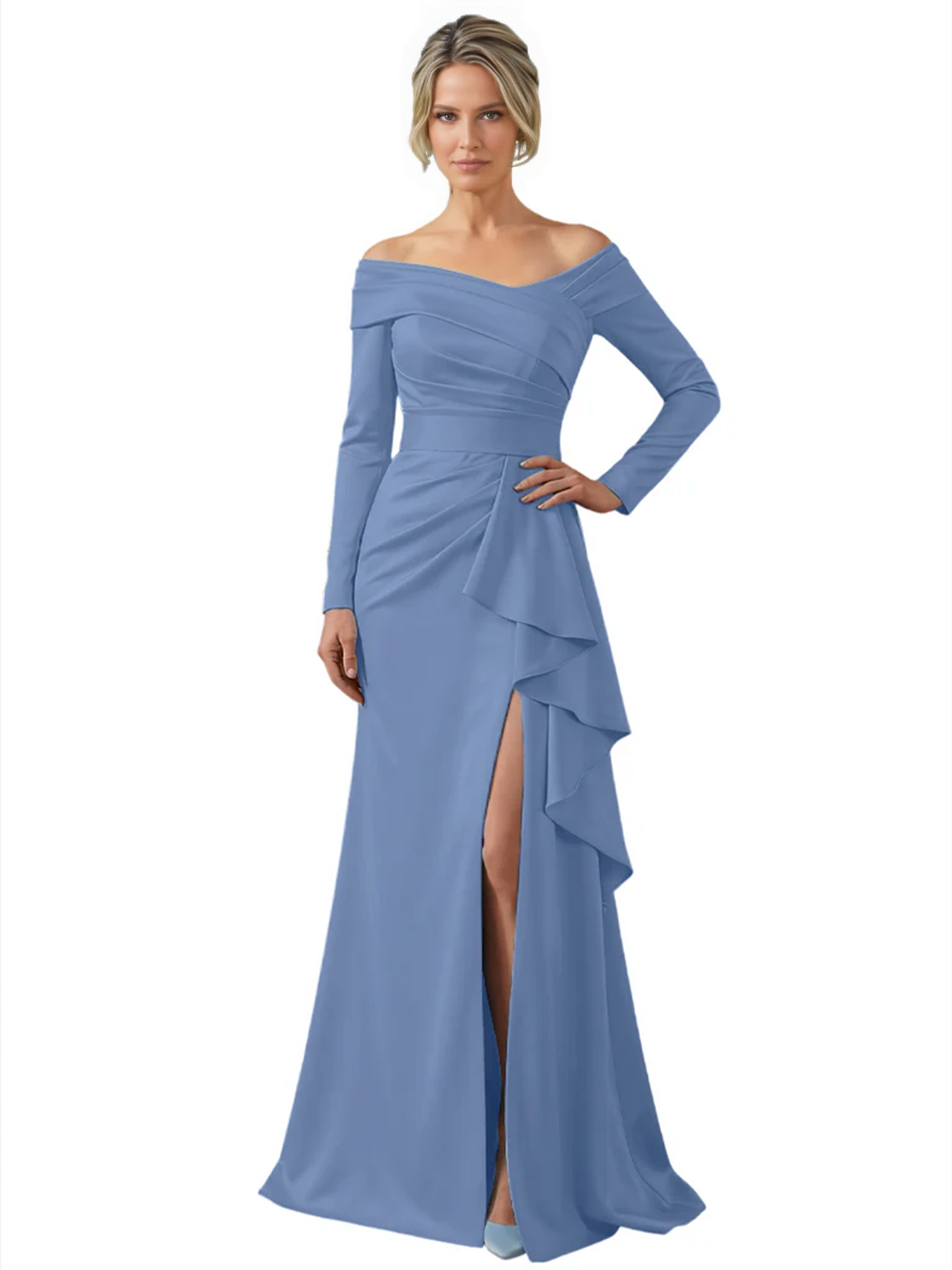 Elegant Mother of the Groom Dress Cascading Ruffle Satin Gown with High Slit Long Sleeves