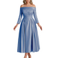 Off Shoulder Mother of the Bride Dress Tea-Length Satin Gown with Lace Applique