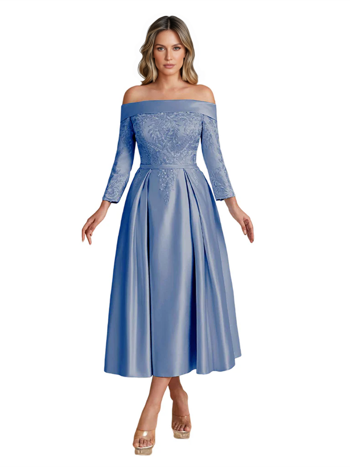 Off Shoulder Mother of the Bride Dress Tea-Length Satin Gown with Lace Applique