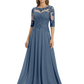 Illusion Neck Mother of the Bride Dress Half Sleeve Lace Applique Gowns Chiffon