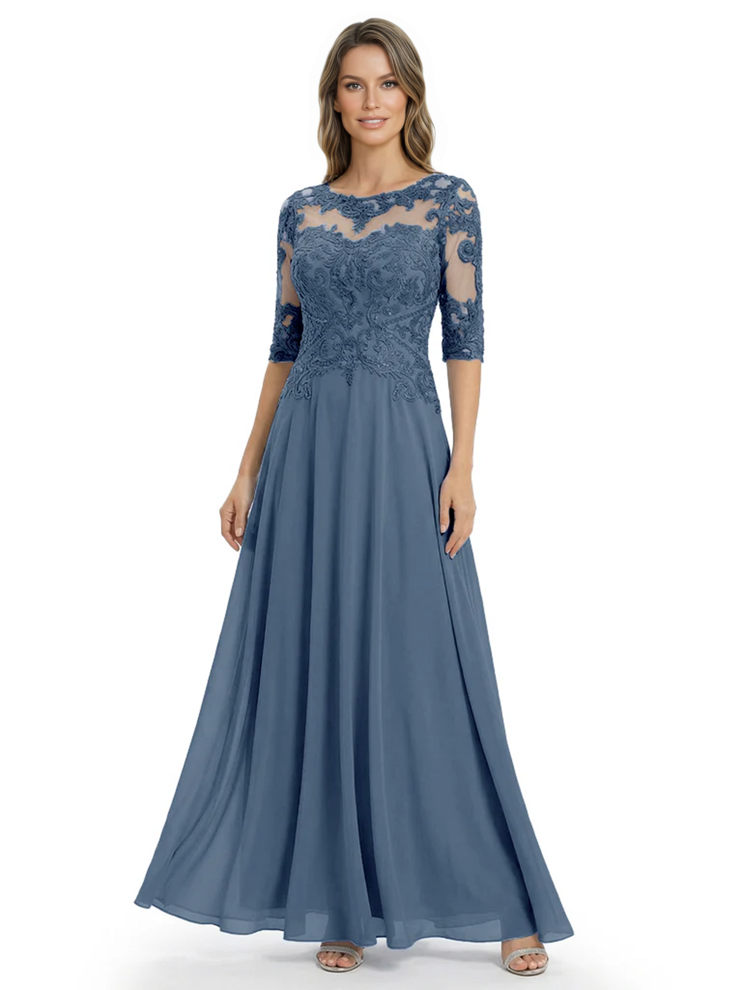 Illusion Neck Mother of the Bride Dress Half Sleeve Lace Applique Gowns Chiffon