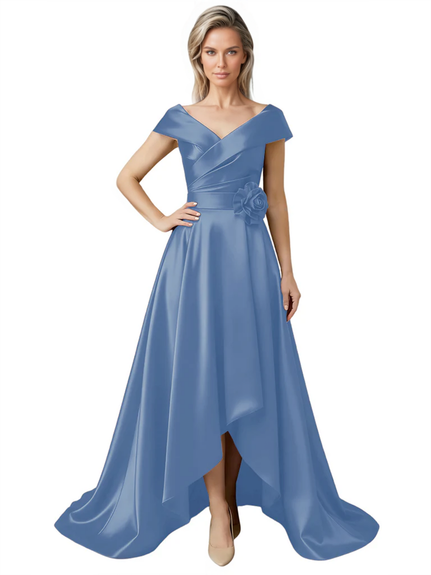 Off Shoulder Mother of the Bride Dress High-Low Satin Gown with Portrait Neckline