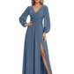 A-Line Mother of Bride Dress V-Neck Chiffon Gown Long Sleeves Slit Formal Dress