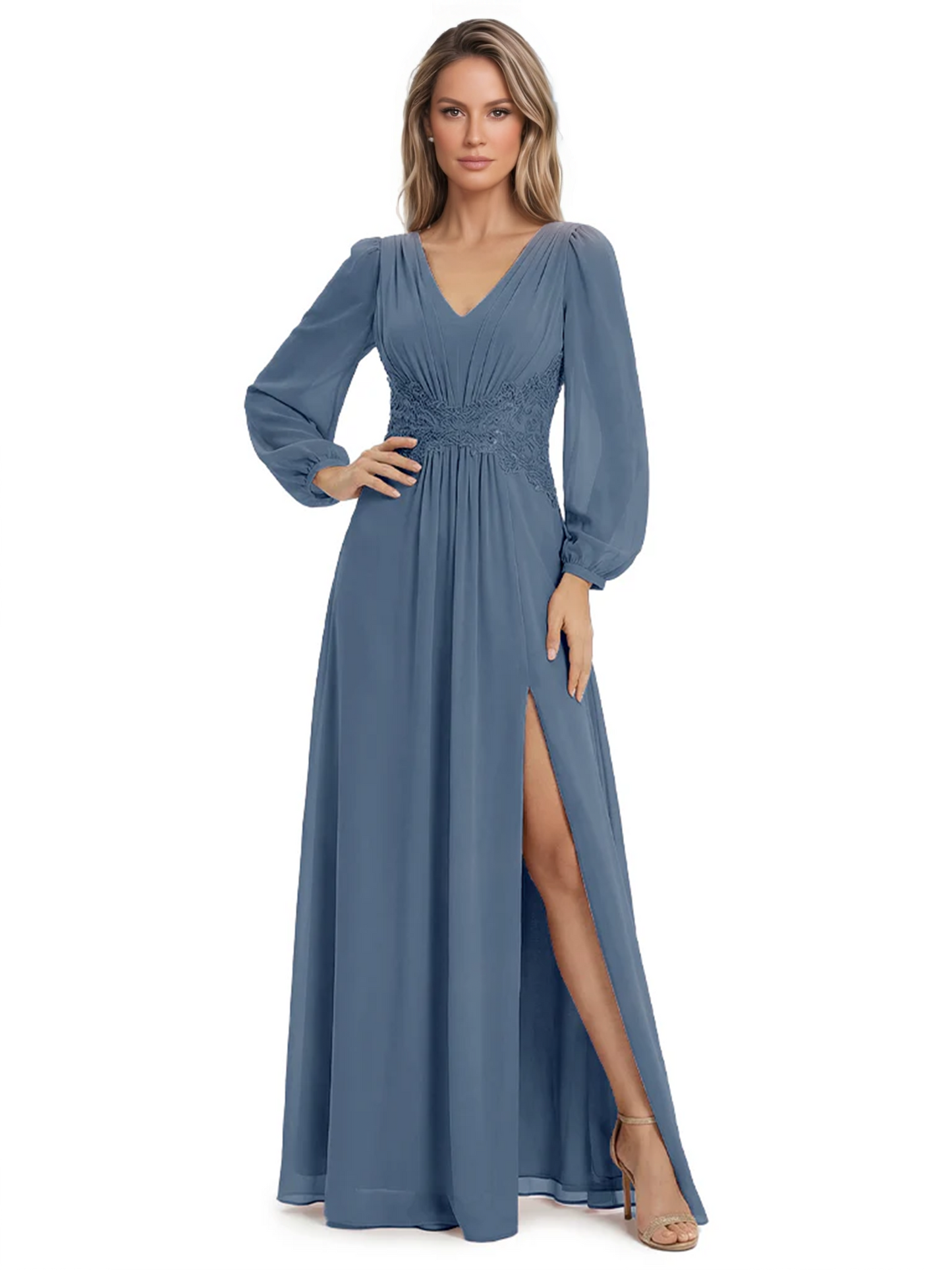A-Line Mother of Bride Dress V-Neck Chiffon Gown Long Sleeves Slit Formal Dress