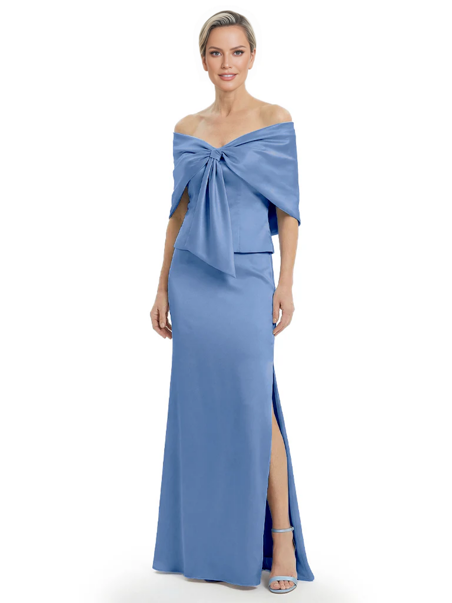 Formal Floor-Length Mother of the Bride Gown Satin Maxi Dress with Bow Neckline