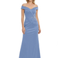 Off Shoulder Mother of the Bride Dress Beaded Waist Satin Gown Portrait Neckline