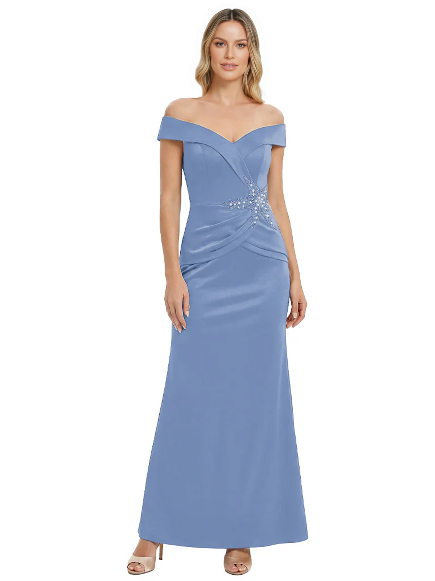 Off Shoulder Mother of the Bride Dress Beaded Waist Satin Gown Portrait Neckline