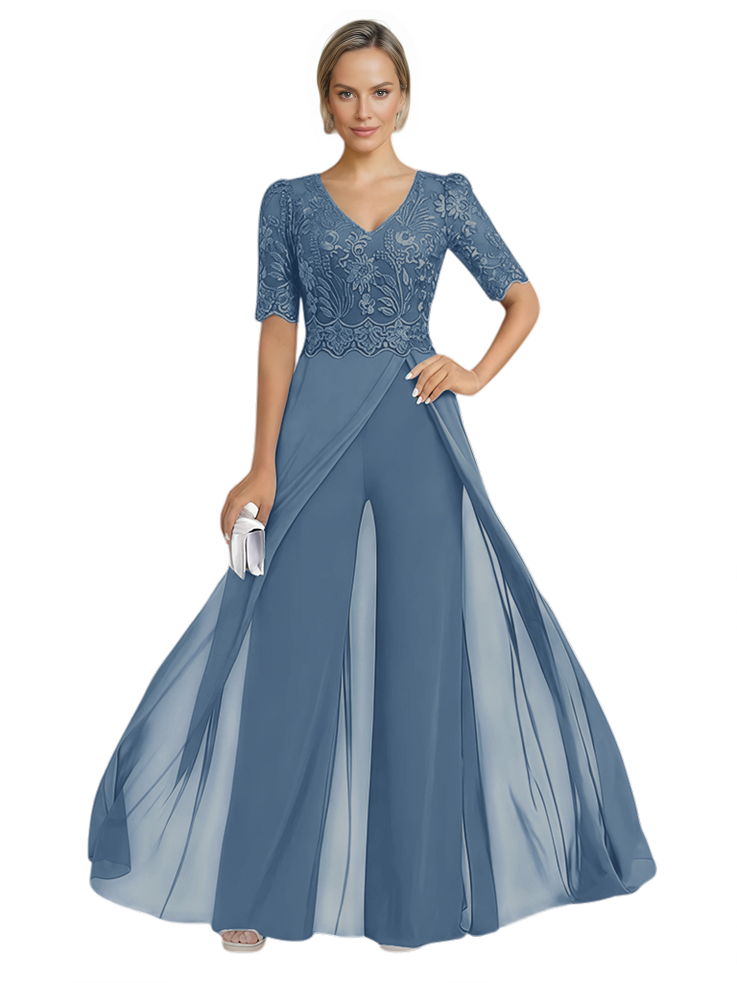 V-Neck Chiffon Mother of the Brides Jumpsuits Dresses Floor Length A-Line Lace