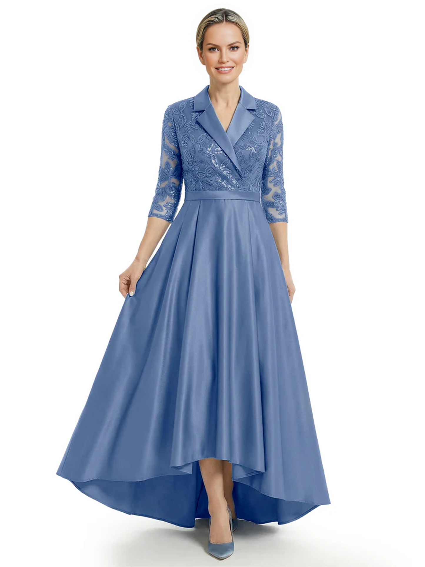 Elegant Mother of Bride Dress Evening Gowns Trending Styles with Lapel Collar 3/4 Sleeves