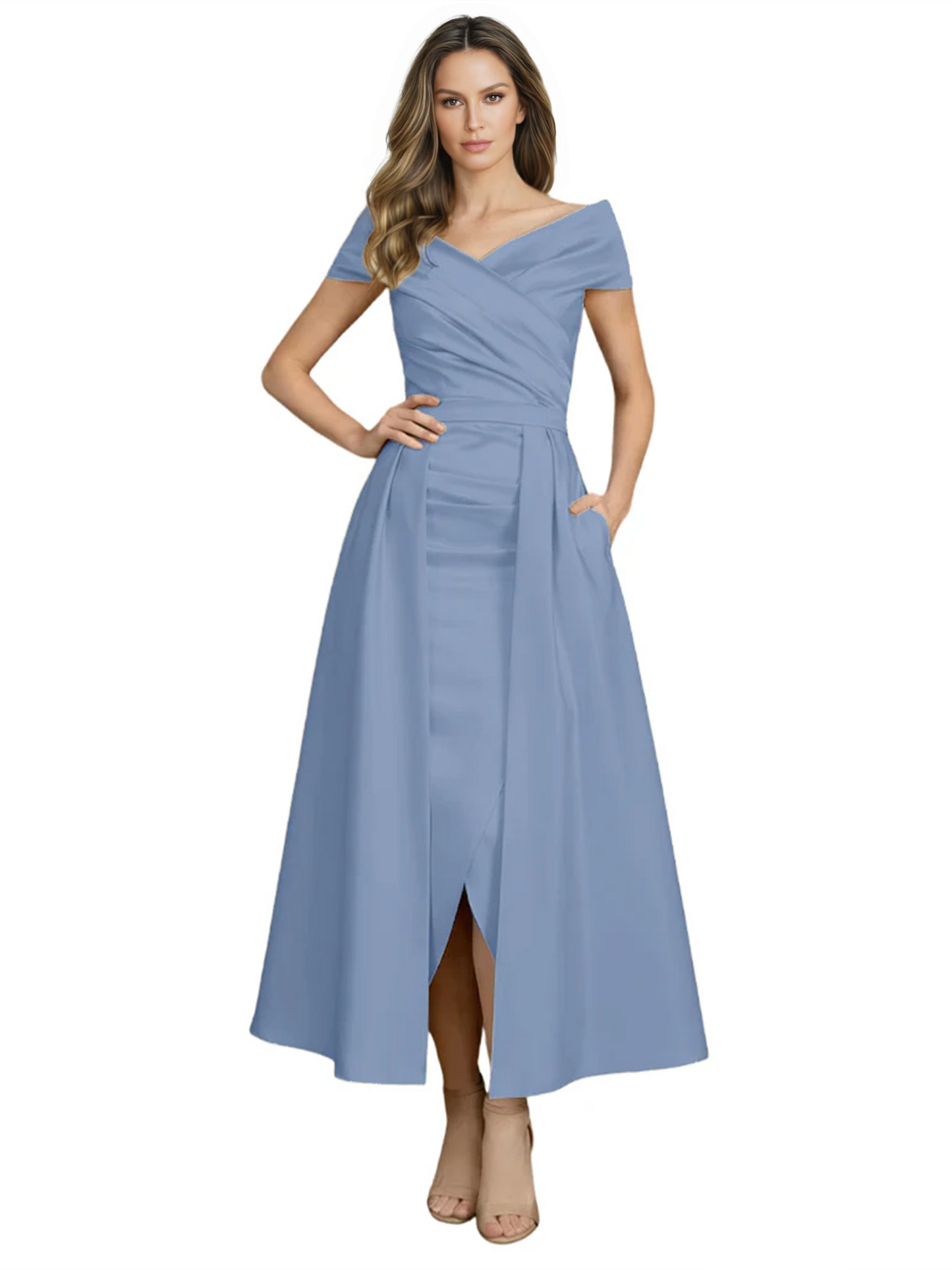 Formal Floor-Length Mother of the Bride Gown Satin Maxi Dress with Slit Off Shoulder