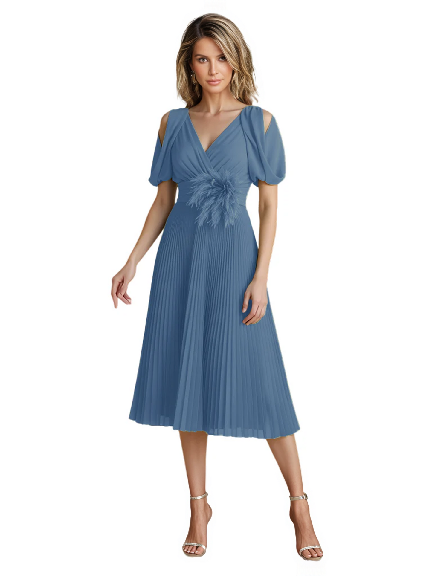 Wedding Formal Dress V-Neck Pleated Chiffon Gown with 3D Flower Accent Knee Length