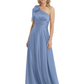 One-Shoulder Mother of the Bride Dress Satin Gown with Bow Ruched Empire Waist