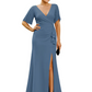 Elegant Evening Gown Trending V-Neck & Ruffle Detail Mother of Bride Outfits Slit