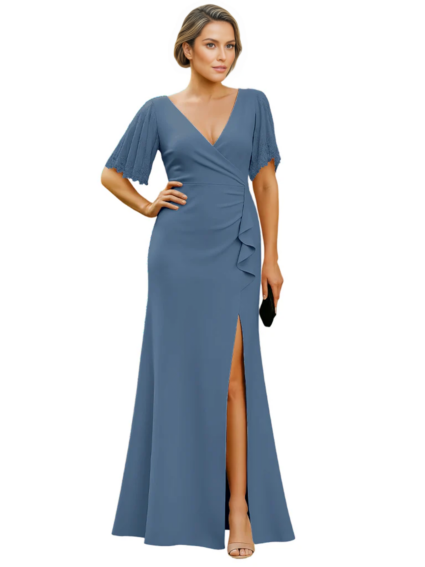 Elegant Evening Gown Trending V-Neck & Ruffle Detail Mother of Bride Outfits Slit