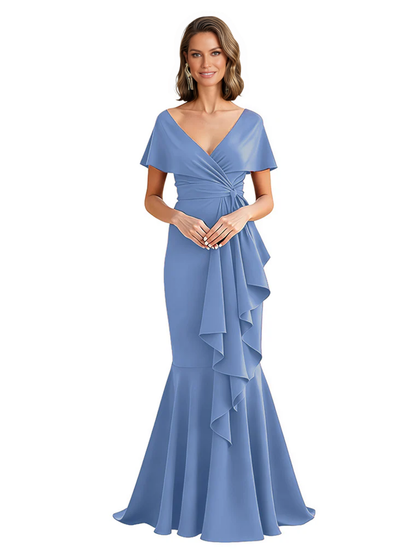 Satin Mother of the Bride Dress with Cascading Ruffles and Mermaid Tail V-Neck