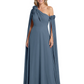 One Shoulder Mother of the Bride Dress Asymmetrical Cape Sleeve Gown with Floral