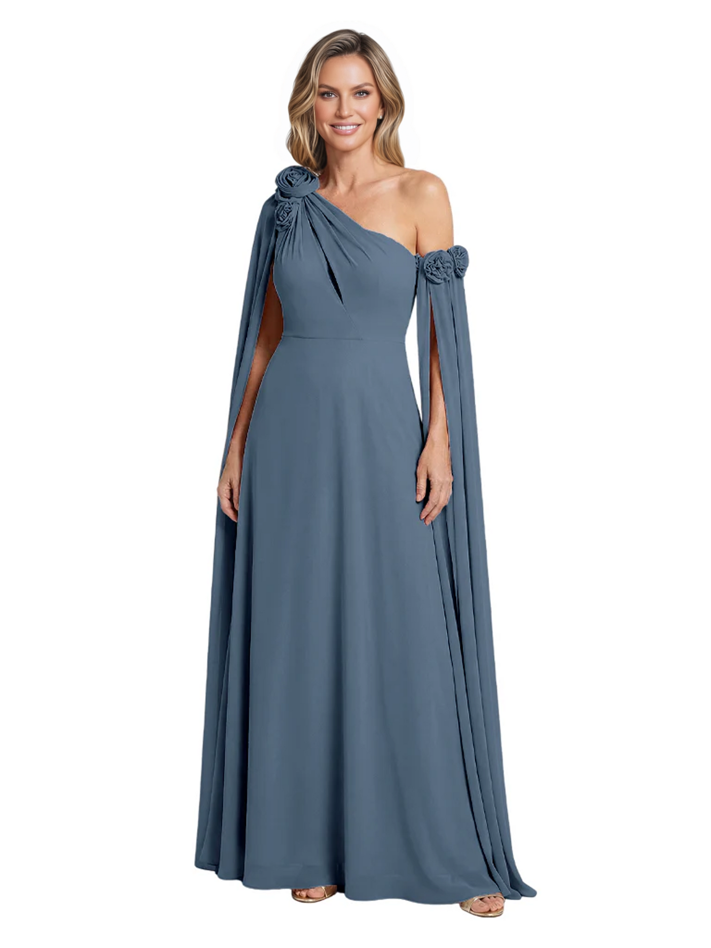 One Shoulder Mother of the Bride Dress Asymmetrical Cape Sleeve Gown with Floral