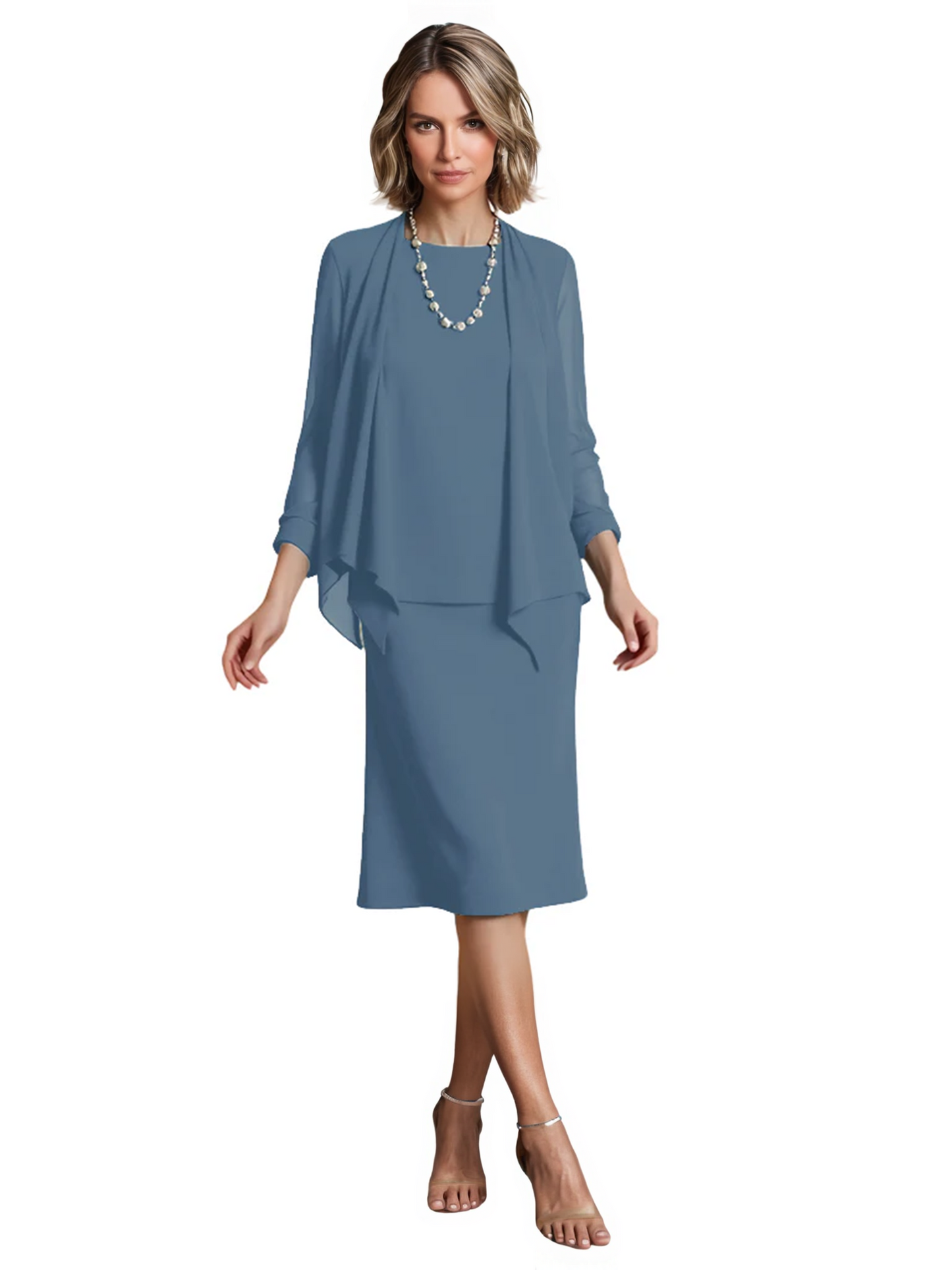 3 PCS Knee-Length Mother of Bride Dresses Prom Dress Evening Dress with Sheer Sleeves and Jacket