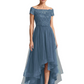 Formal High-Low Mother of the Bride Gown Short Sleeve Lace Maxi Dress with Tiered Skirt