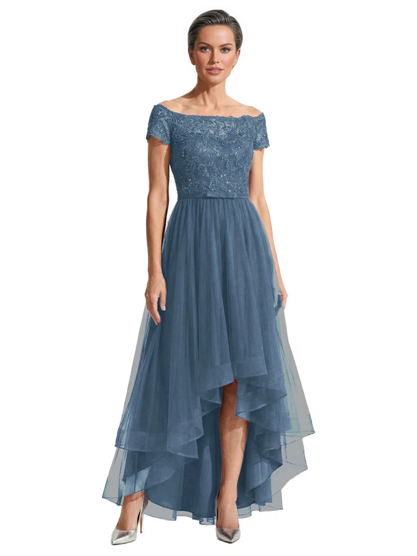 Formal High-Low Mother of the Bride Gown Short Sleeve Lace Maxi Dress with Tiered Skirt