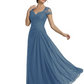 Long A-line Chiffon Short Sleeves Mother of the Brides Dresses Lace Wedding