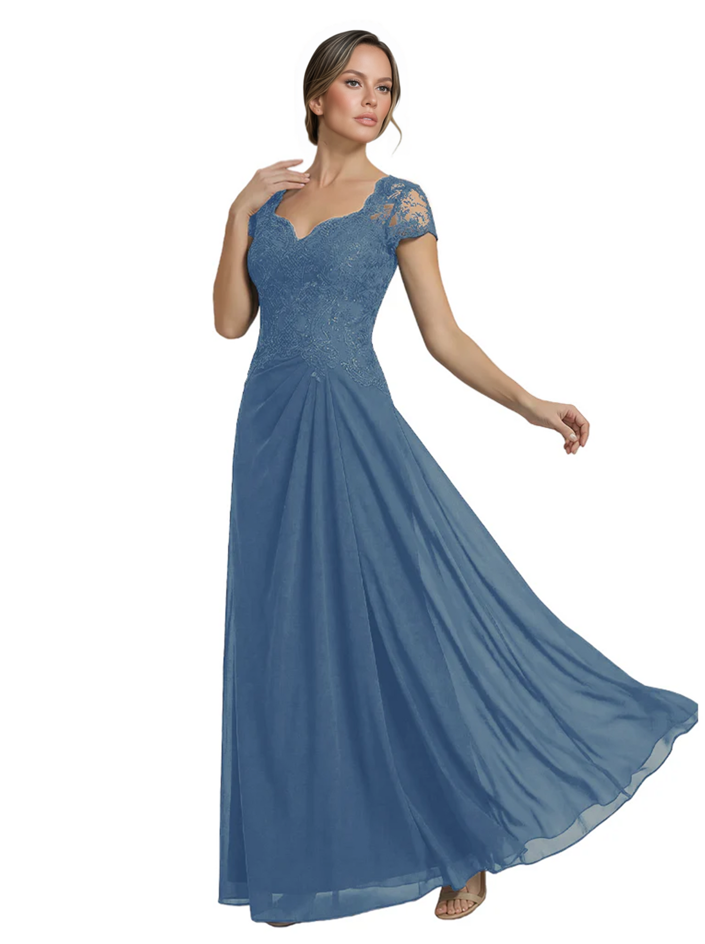 Long A-line Chiffon Short Sleeves Mother of the Brides Dresses Lace Wedding