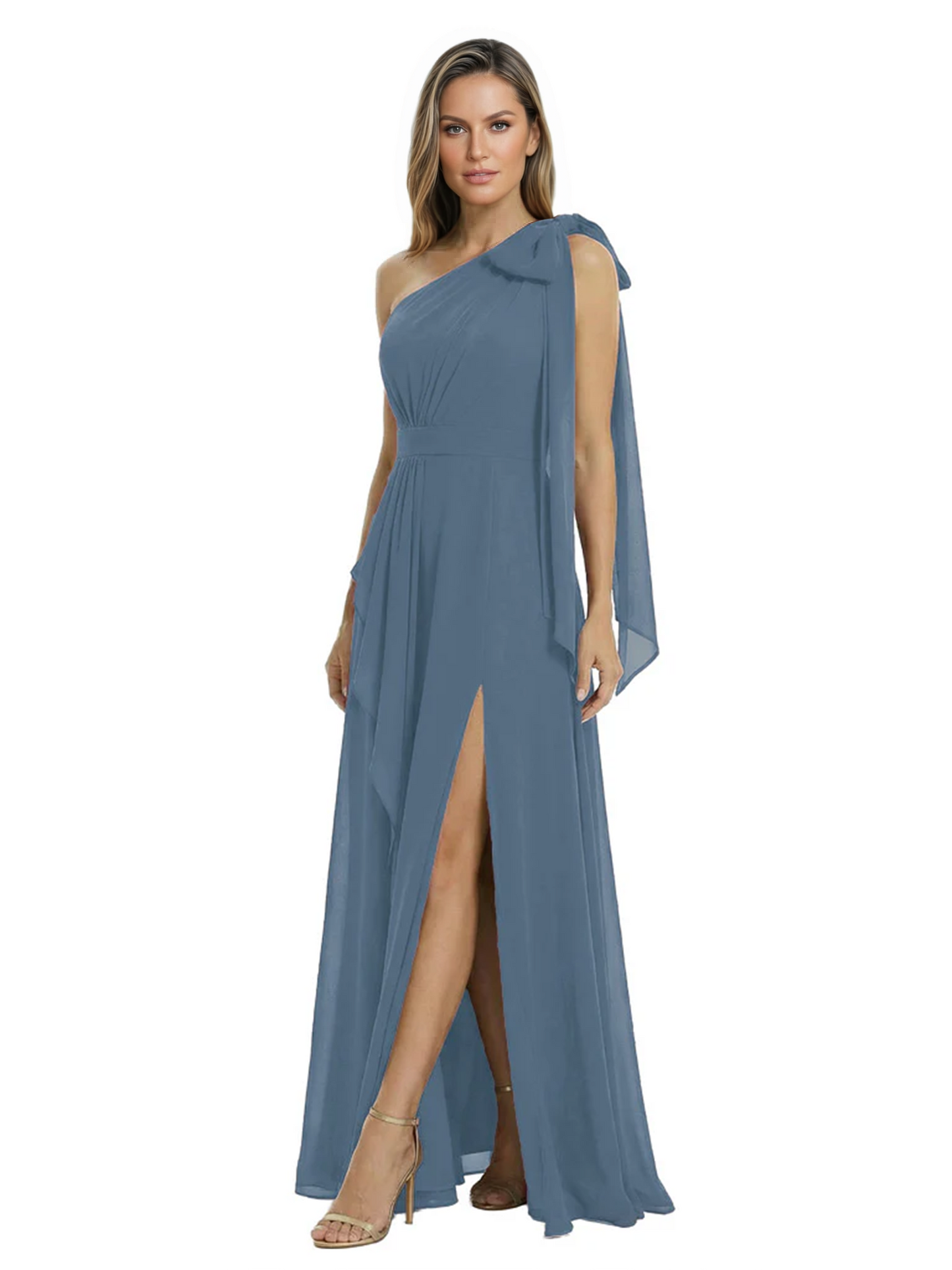 One-Shoulder Mother of the Bride Dress Chiffon Gown with Long Sash Detail