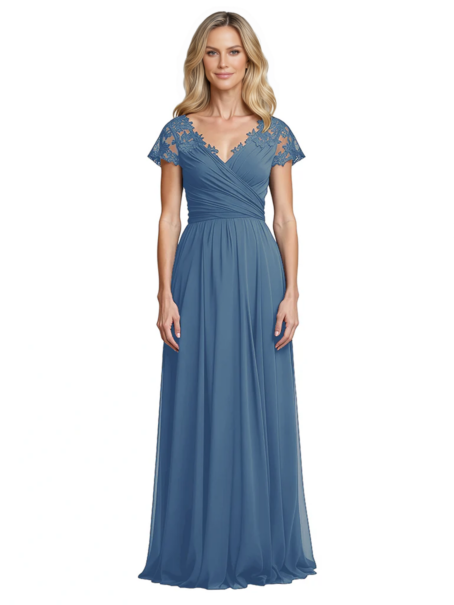 Mother of the Bride Dress Cap Sleeves and V-Neckline with Embroidered Lace Shoulders