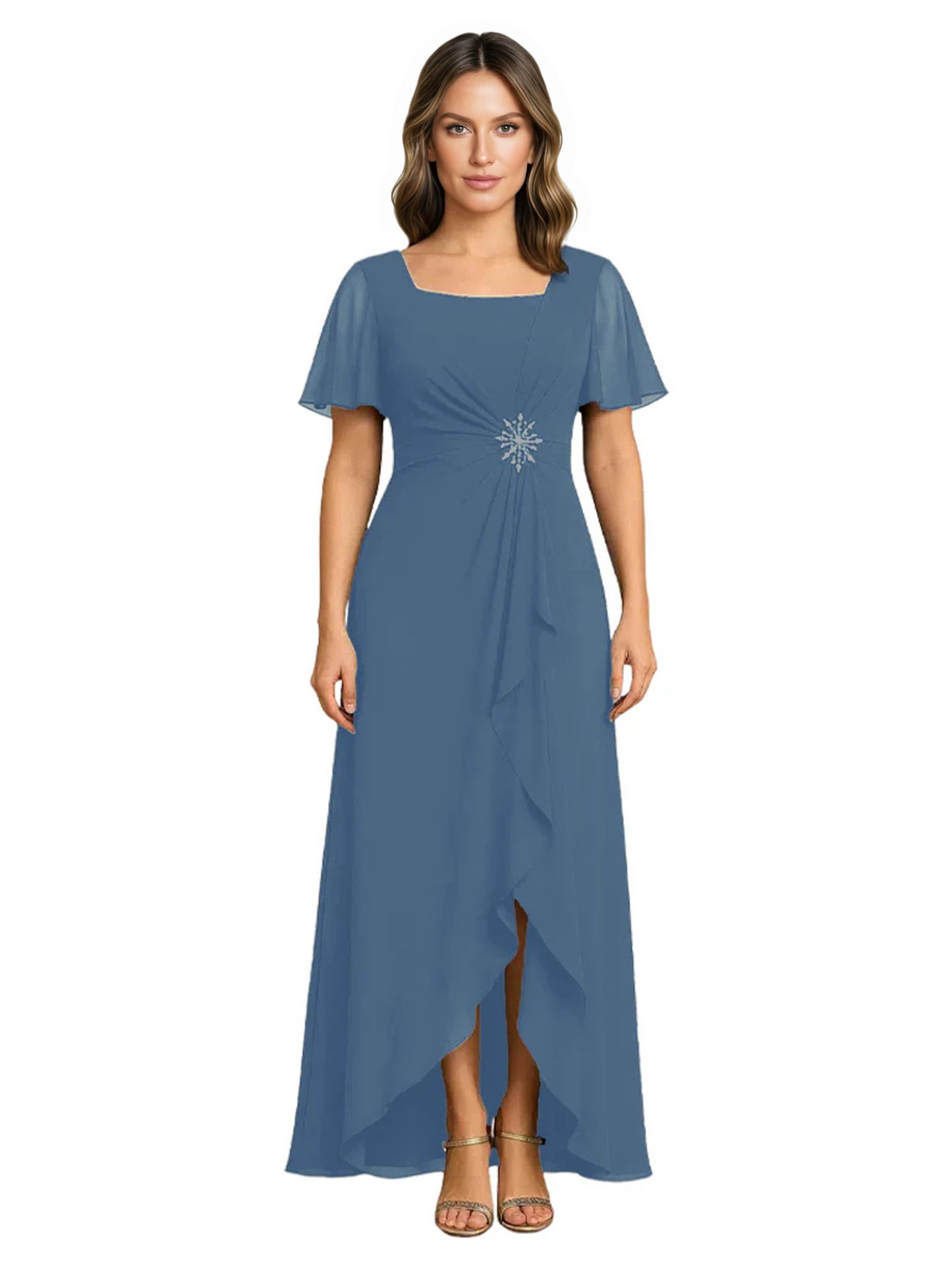 Formal High-Low Mother of the Bride Gown Sleeved Chiffon Maxi Dress Ruched Waist