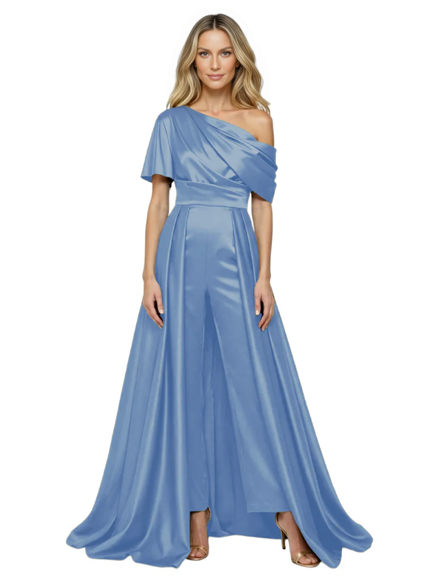 One Shoulder Mother of Bride jumpsuits Formal Gowns Floor Length Detachable Train