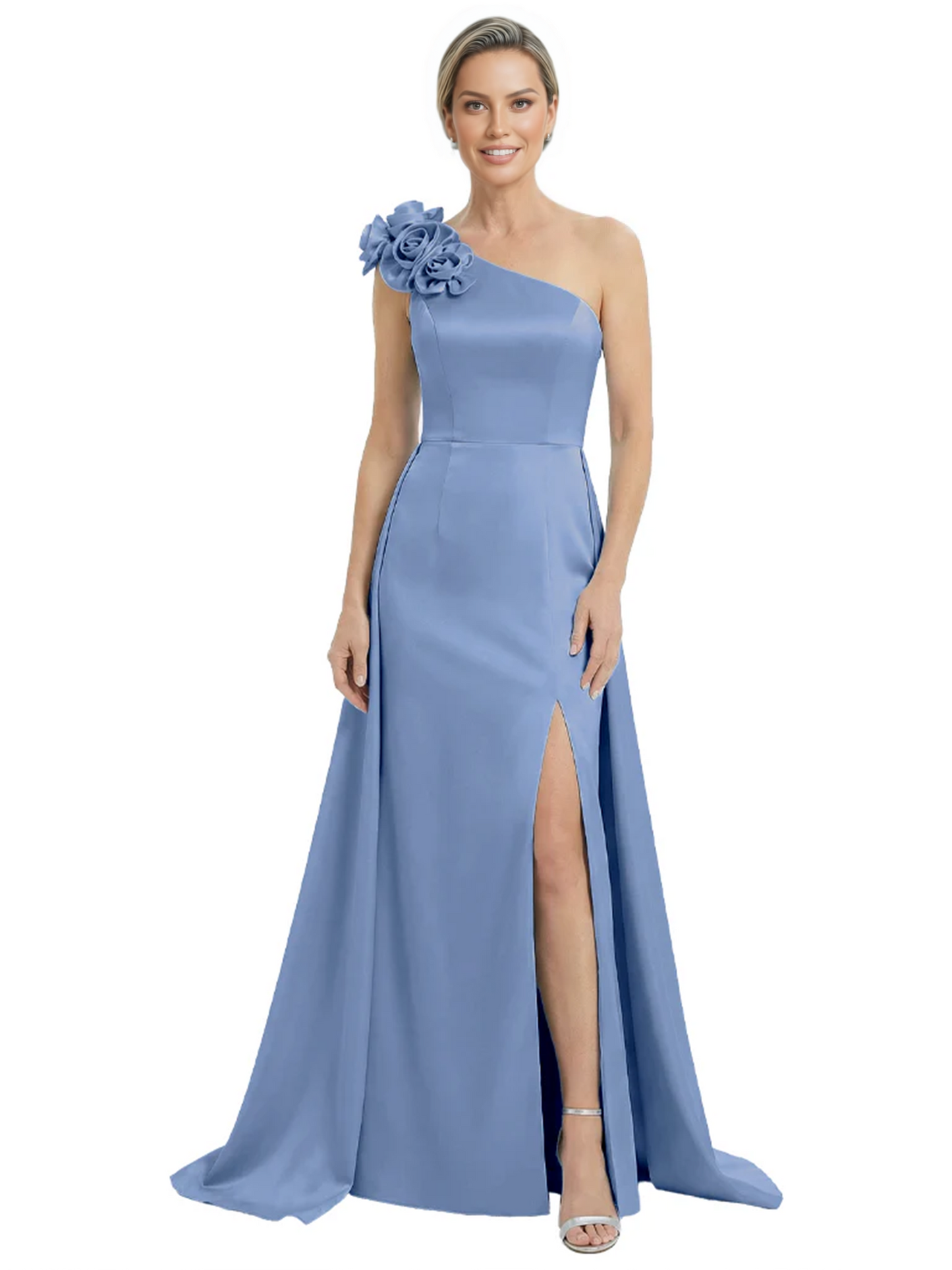 One Shoulder Mother of the Bride Dress with 3D Floral Detail Formal Dress A-Line Gowns with Slit