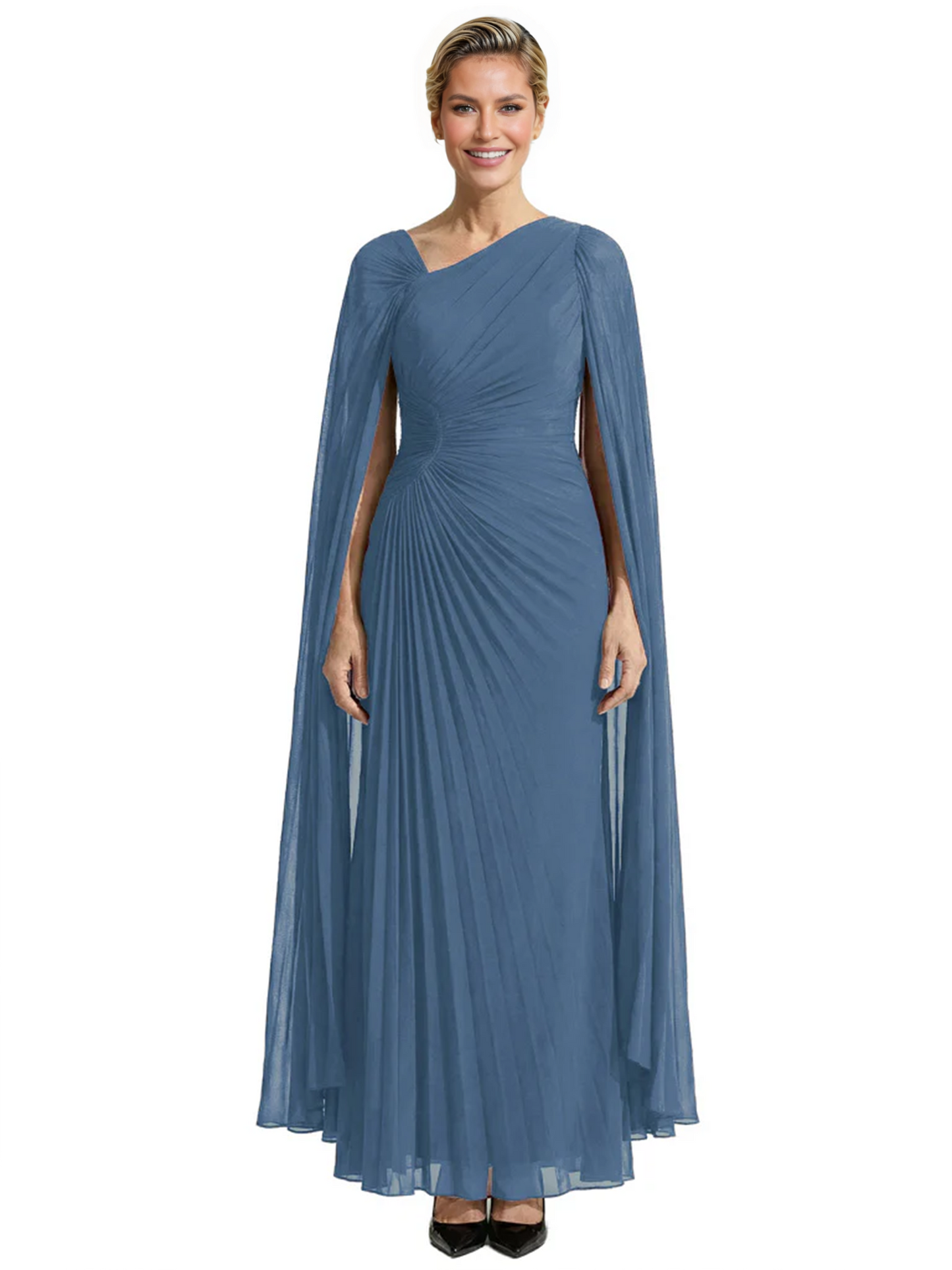Elegant Asymmetric Neck Long A-Line Chiffon Mother of the Brides Dresses Mom Outfit with Cape