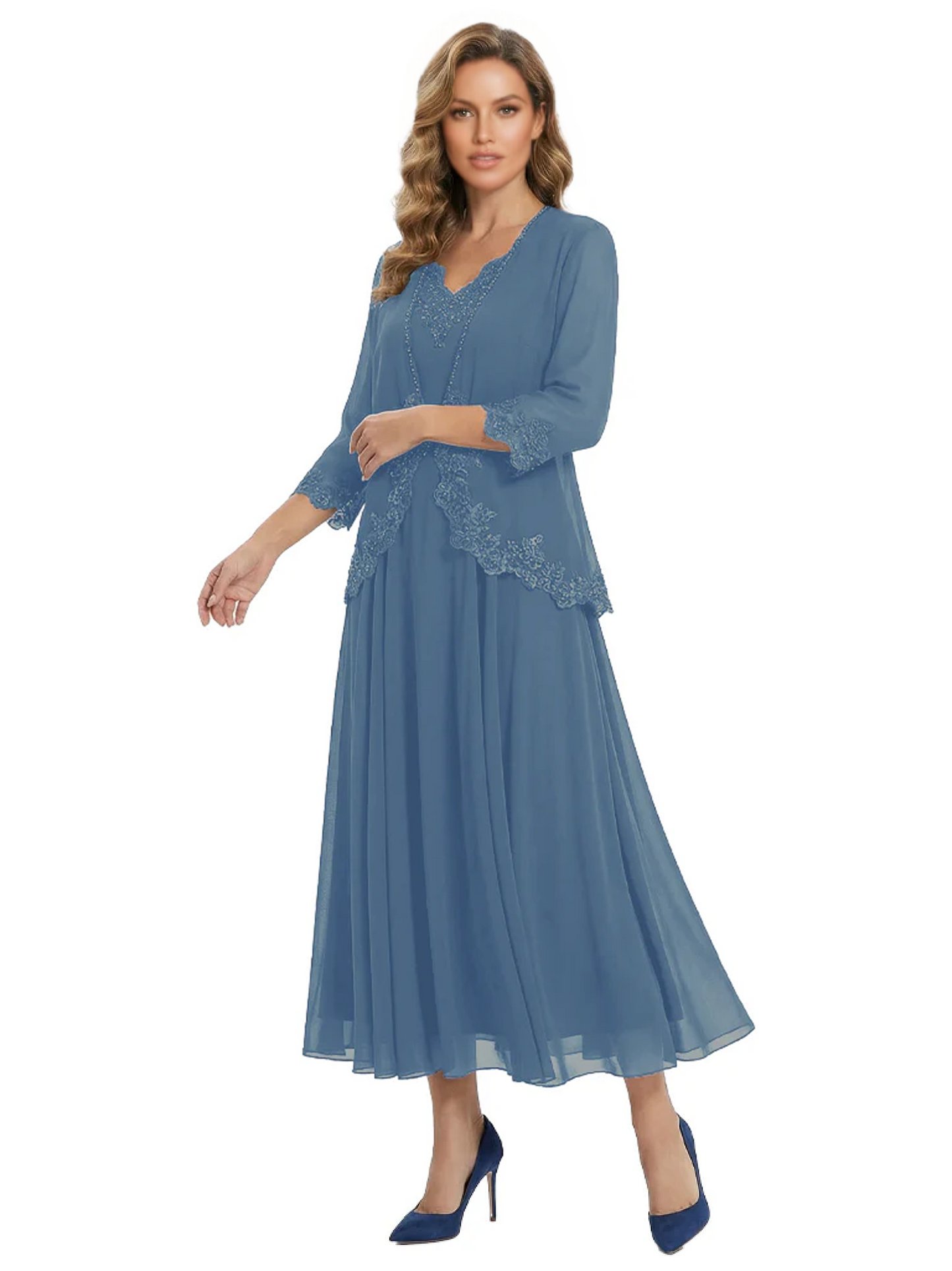 3/4 Sleeve Chiffon Mother of the Brides Dresses V-Neck Wedding Party Gowns