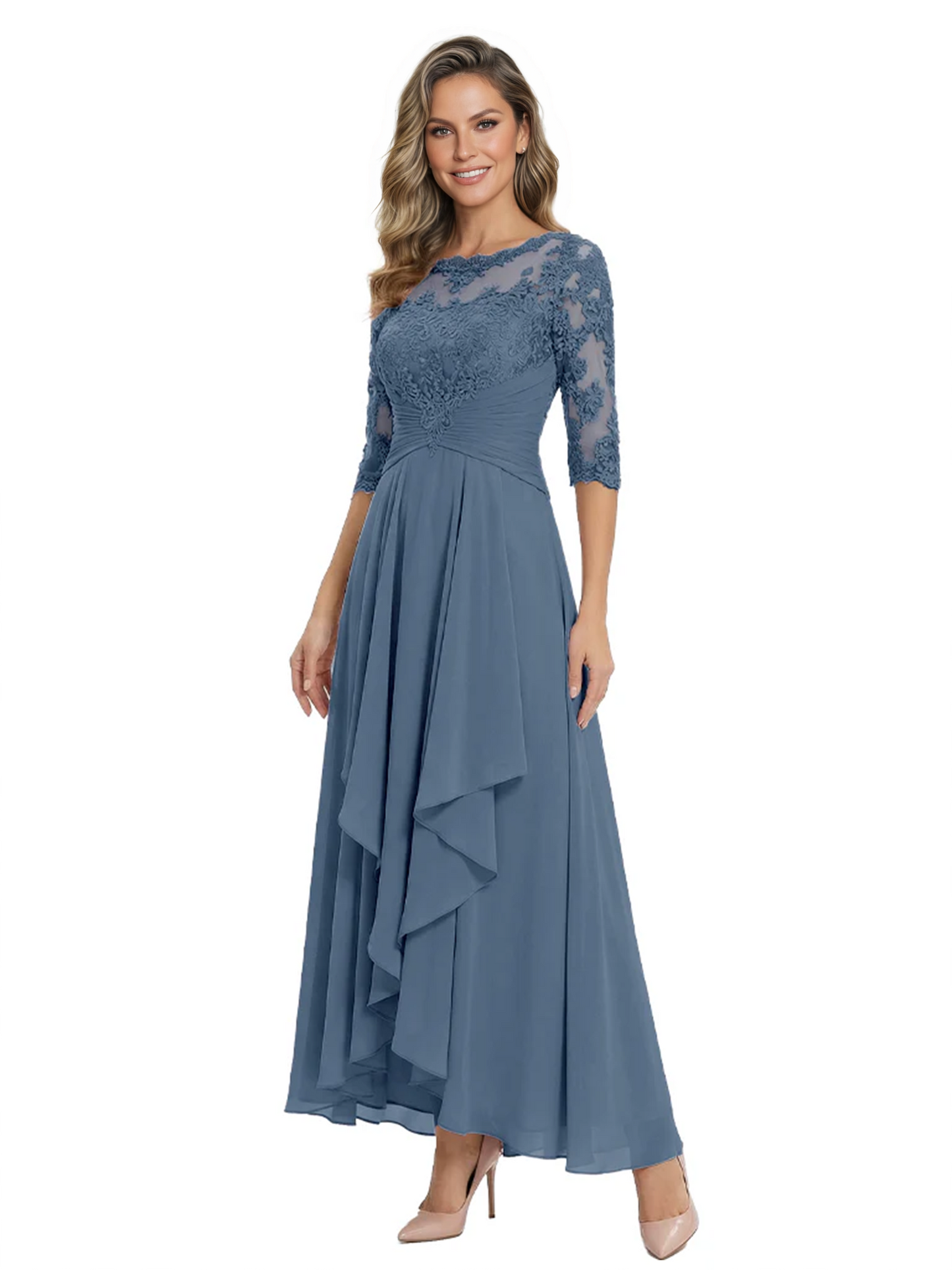 3/4 Sleeve Mother of the Bride Dress with Lace Embroidery High-Low Hem 2026